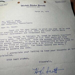 1976 Hugh Scott Signed Autograph Letter – Pennsylvania Senator – Mar 29, 1976